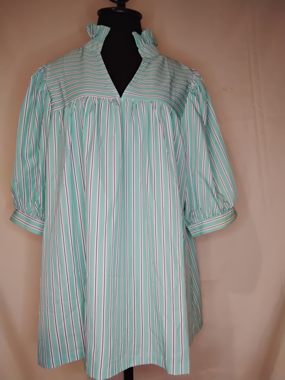 Striped Mint Green Womens Blouse with Ruffle Collar